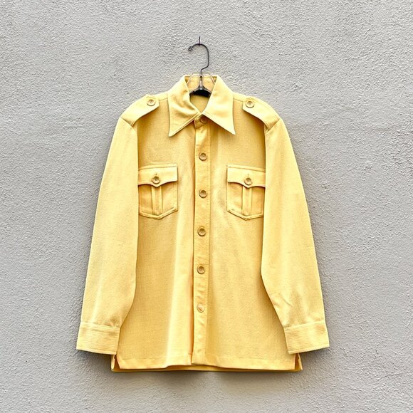 Vintage 70s Men's Media Yellow 2 Piece Texturized Polyester Leisure Suit Medium - Picture 2 of 7